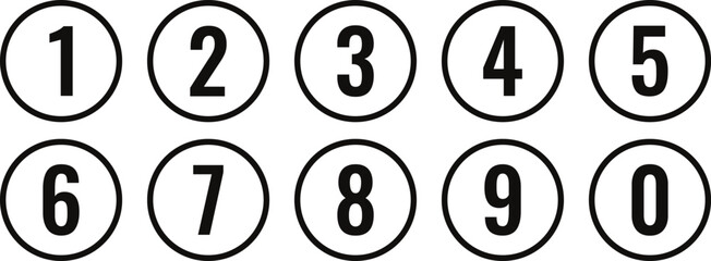 Poster - simple outline bullet point icon set of 0-9. number in dark round circle vector illustration.