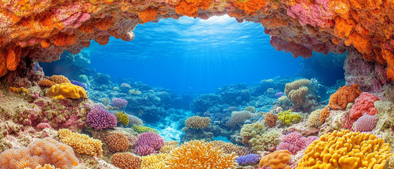 Vibrant coral reef showcasing diverse marine life through a natural underwater arch, illuminated by serene sunlight.