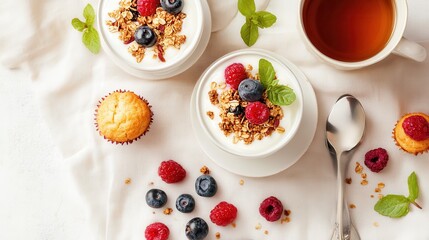 Wall Mural - A delightful breakfast spread featuring yogurt, berries, granola, and tea.