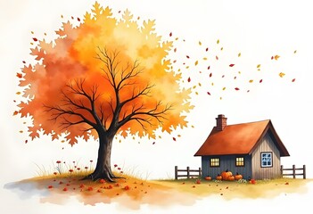 Tiny autumn house and trees isolated watercolor book illustration on the white background
