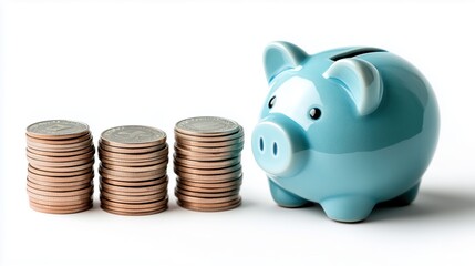 Blue Piggy Bank with Stacks of Coins for Savings