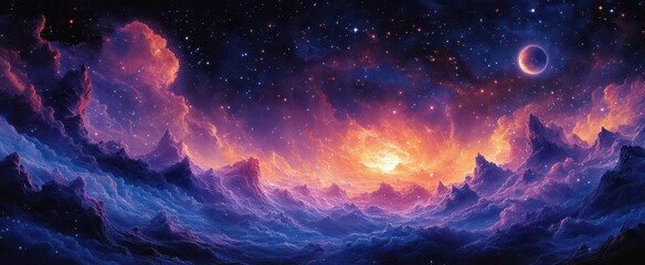 Wall Mural - cosmic expanse vast starstudded galaxy with swirling nebulae and distant planets rich purples blues 