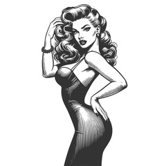 Wall Mural - pin-up woman wearing a form-fitting tight dress, vintage fashion beauty sketch engraving generative ai fictional character raster illustration. Scratch board imitation. Black and white image.