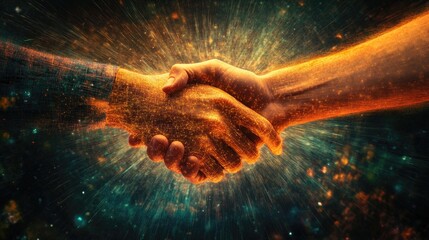 Poster - The fusion of human and machine: a handshake against a digital universe, symbolizing the future of AI and humanity.