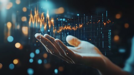 Poster - A person interacts with vibrant data visuals emanating from their open hand in a futuristic setting showcasing technology and analytics