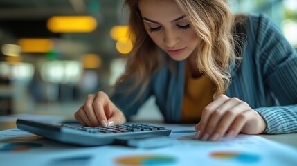 Aufkleber - Businesswoman Analyzing Financial Data at Desk