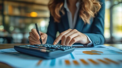 Poster - Businesswoman Analyzing Financial Data with Calculator