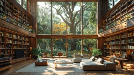 Poster - Modern Library with Floor-to-Ceiling Windows Overlooking a Lush Forest