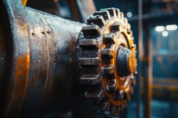 Close up of an industrial gear. This photo is perfect for illustrating concepts of machinery, industry, and manufacturing.