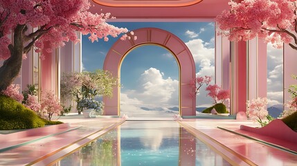 Canvas Print - A pink and white archway leads to a view of a blue sky with clouds and mountains 