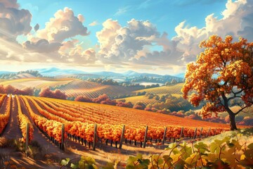 Canvas Print - Autumnal Vineyard Landscape with Golden Hues