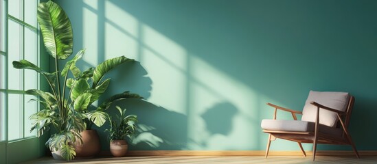 Wall Mural - Modern cozy living room with a green empty wall mockup in a home interior 3D rendering