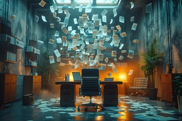 Office desk with an empty chair, papers scattered on the floor, AI generative. .