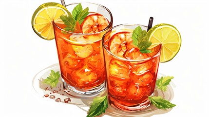 Two glasses of iced tea with lemon and shrimp garnish