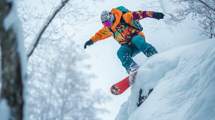 Wall Mural - A snowboarder carves down a snowy mountain slope, kicking up powder.