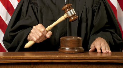 Judge in courtroom holding gavel, displaying authoritative presence amidst legal documents and flag backdrop, capturing decisive judicial role and courtroom environment.