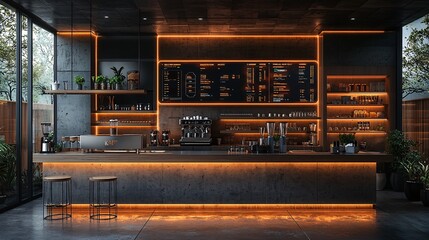 A futuristic cafe with a sleek kitchen island, modern tech elements, and a digital mockup wall for projection