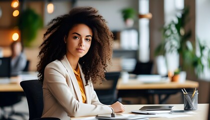 Empowered young professional with curly hair in a bright, modern office setting