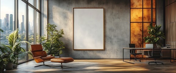 Modern office interior with a large window, a comfortable chair, and a blank poster.