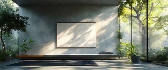 Wall Mural - Modern minimalist interior with a large blank canvas, a wooden bench, and a view of lush green foliage.