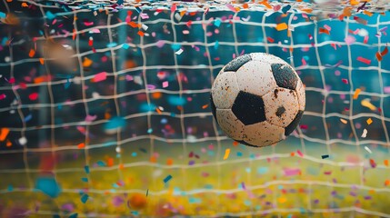 Canvas Print - A soccer ball is in the back of the net with colorful confetti falling around it.