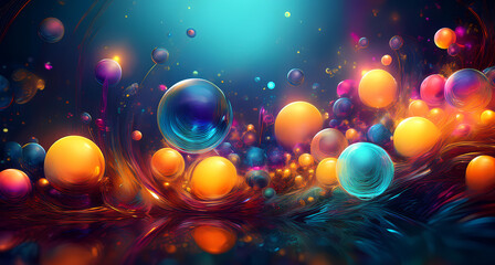 energetic and colorful abstract scene where hundreds of small and large bubbles are clustered together