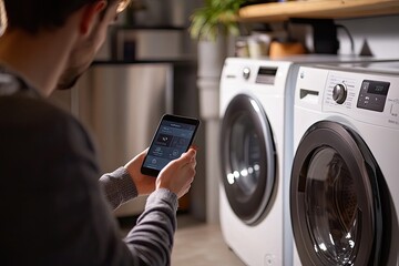 Man controls washing machine remotely. He uses a smartphone app to manage laundry cycles.
