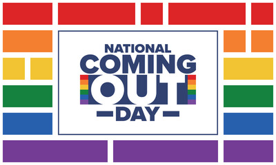 National Coming Out Day. Happy holiday. Pride month. LGBT rainbow flag. Diversity and equality. Gay and lesbian. Free love, heart shape. Illustration. Vector poster