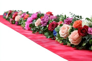 Wall Mural - a vibrant arrangement of assorted roses on a red fabric.