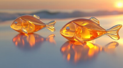 Vitamin D and Omega 3 capsules in fish form, placed neatly on a smooth surface with reflections, highlighting their shiny texture and clarity.