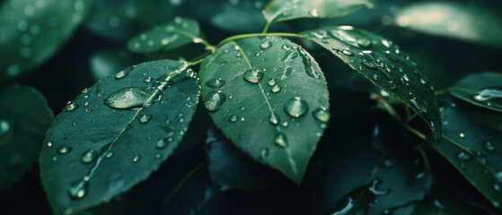 Wall Mural - Close-up of green leaves with water droplets, highlighting nature's beauty and freshness.