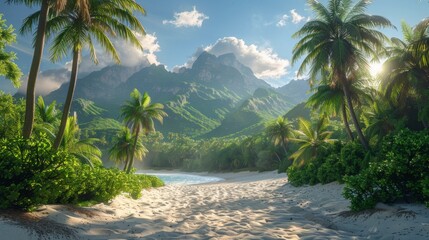 Canvas Print - Tropical Paradise: A Sun-Kissed Beach with Lush Foliage