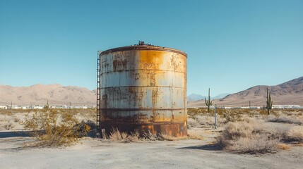 A massive stainless steel chemical storage tank, glinting under the harsh desert sun, surrounded by dunes and cacti, minimalistic and industrial design