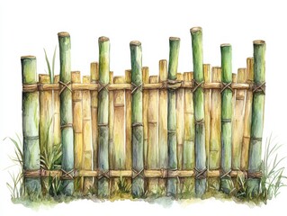 Wall Mural - bamboo fence with greenery, artistic illustration on a white isolate background.
