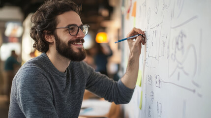 A designer sketching innovative ideas on a large whiteboard during a problem-solving session