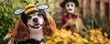 © AImagine Designs - A cheerful dog dressed as a bee poses in a garden with vibrant flowers, creating a playful and charming autumn scene.