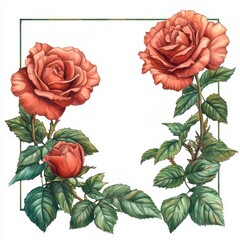 Wall Mural - beautiful roses with lush green leaves and elegant bloom, white isolate background.