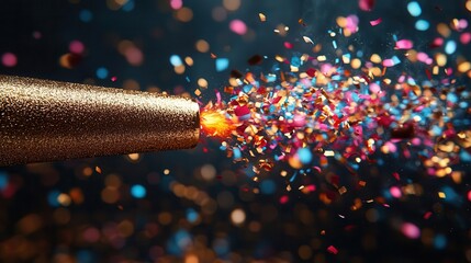 3d rendered golden party popper exploding with colorful confetti festive atmosphere on dark background