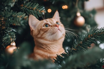 Adorable ginger cat climbed onto festive decorated Christmas tree. Playful curious red kitty sits comfortably among branches and glowing garland lights. Holiday joy, for poster greeting card, banner