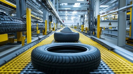 High-Quality Minimalist Image of Tires Being Produced on an Automated Line