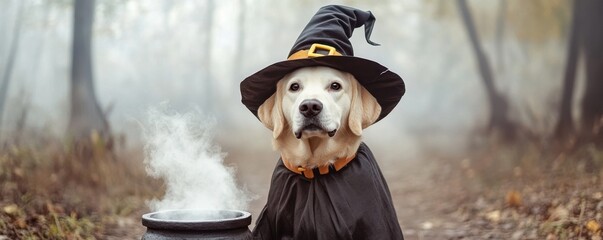 Wall Mural - A whimsical Labrador Retriever in a witch hat stands by a cauldron in a foggy forest, perfect for Halloween-themed projects or pet photography.