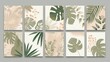 © Samady - Set of 6 modern wall art prints with abstract green and beige tropical plant designs, including monstera leaves and floral accents in a boho style.