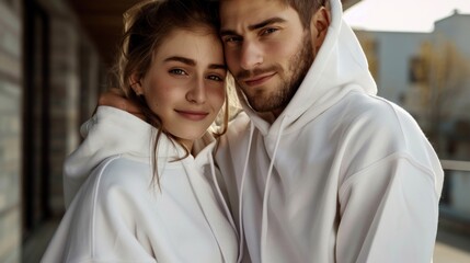 A man and a woman are hugging each other in a white hoodie