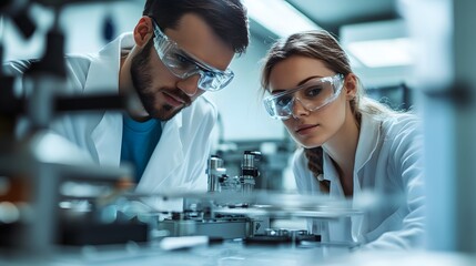 Poster - Two Scientists in Lab Coats Focus on Equipment