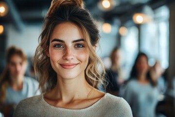 Happy female CEO in front of her business team in office looking at camera, Generative AI