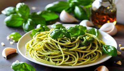 Vibrant spaghetti pasta with fresh pesto, surrounded by basil leaves and garlic, celebrating the essence of Italian cuisine and homemade delights