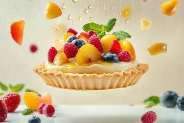 Wall Mural - A floating fruit tart topped with assorted berries and mint, creating a vibrant dessert display.