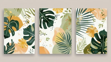 Six-piece wall art set with abstract depictions of tropical plants in green, beige, and yellow, including monstera leaves and boho floral patterns.