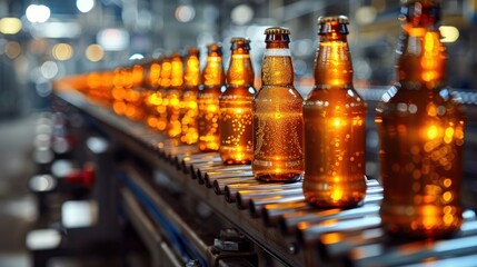 Banner Beer brewery conveyor. Brown glass alcohol bottles move on production line, modern equipment industrial drink