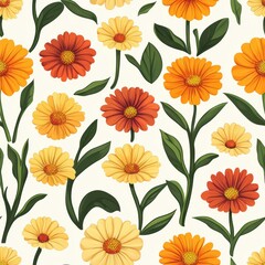 Wall Mural - Colorful floral pattern featuring orange and yellow flowers with green leaves.